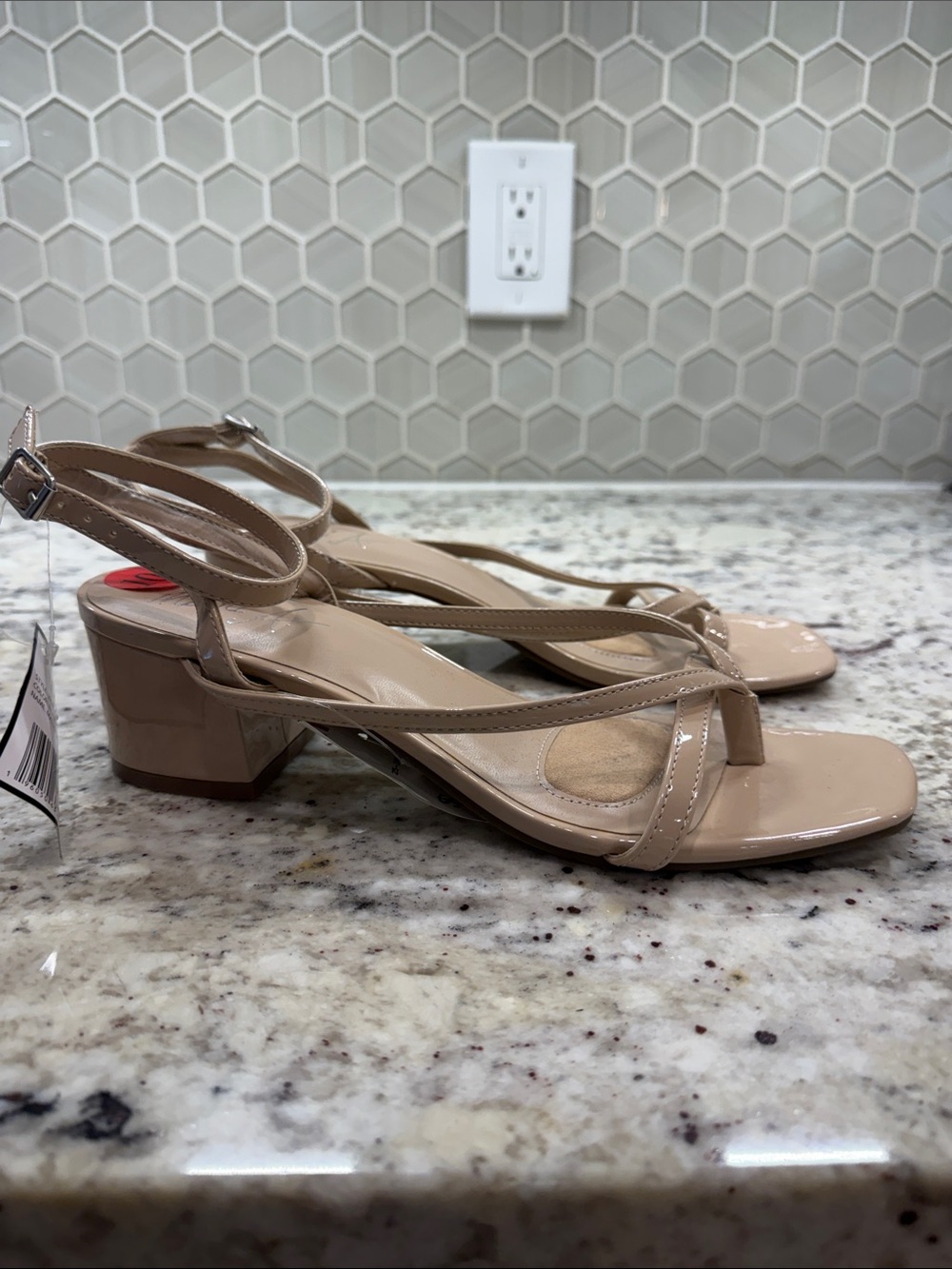 Patent Nude Low Block Heel Slingback Sandals